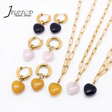 Black Agate Gold Plated Gem Heart Necklace & Earring Luxury Gift box Set 16"(variants yellow agate, rose quartz)