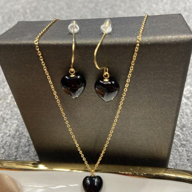 Black Agate Gold Plated Gem Necklace Set luxury gift box / Style DB2(variants green aventurine, rose quartz)
