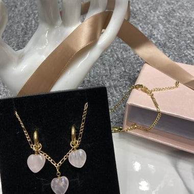 Set Rose Quartz Gold Plated Gem Necklace Set luxury gift +FREE elegant box (variant black agate and green aventurine)